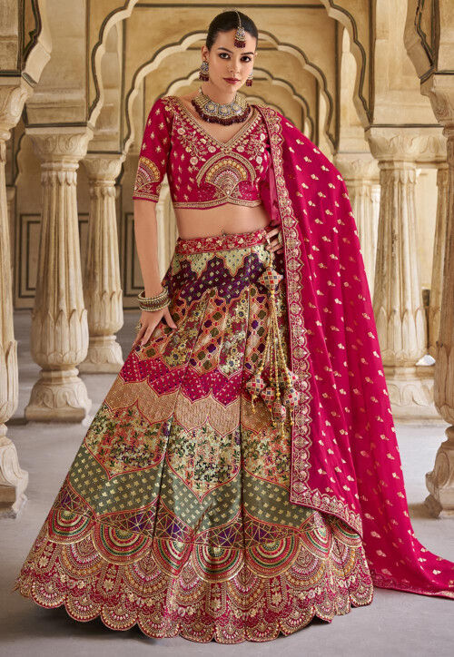 Woven Art Silk Lehenga in Multicolor