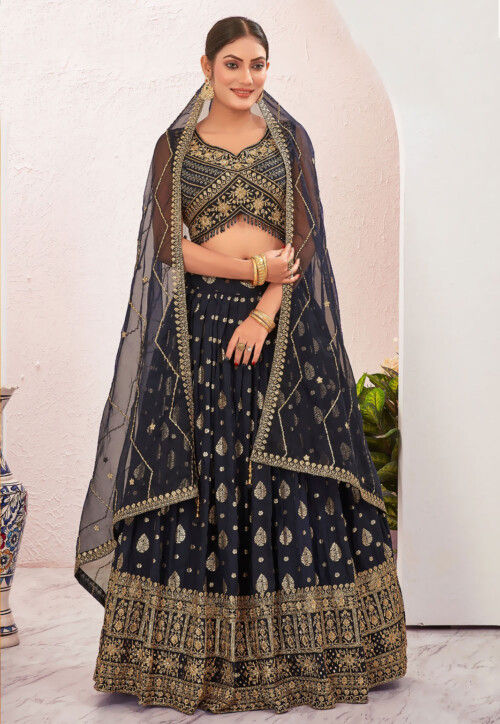 Woven Art Silk Jacquard Lehenga in Navy Blue
