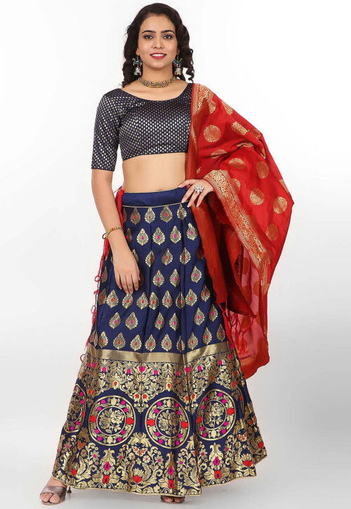 Handwoven Ikat pure silk unstitched lehenga material in blue checks...