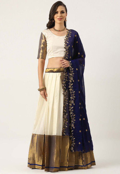 Woven Art Silk Lehenga in Off White
