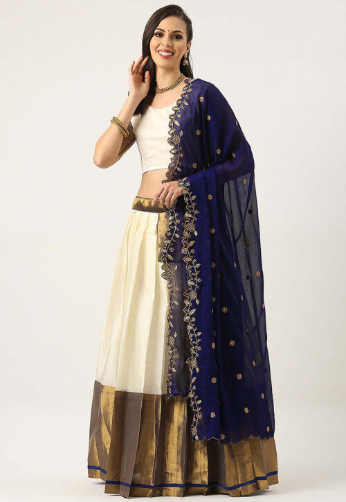 Woven Art Silk Lehenga in Off White