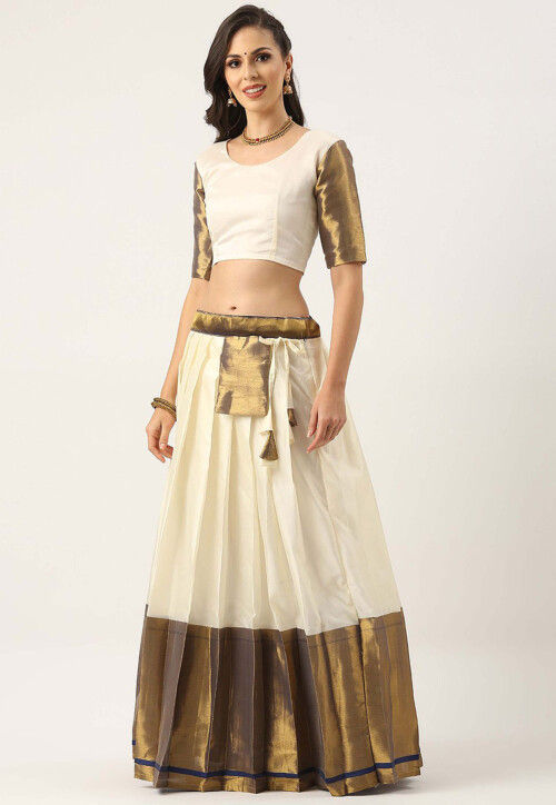 Woven Art Silk Lehenga in Off White