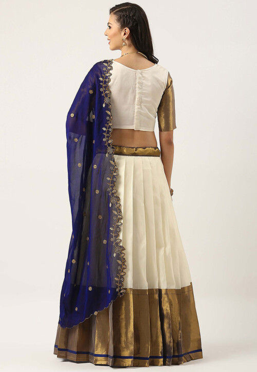 Woven Art Silk Lehenga in Off White