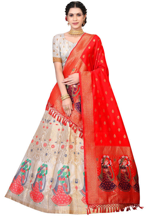 Woven Art Silk Lehenga in Off White