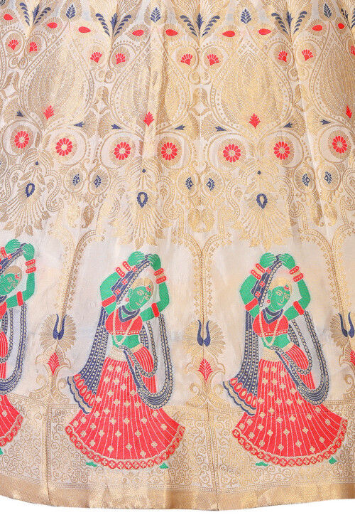 Woven Art Silk Lehenga in Off White