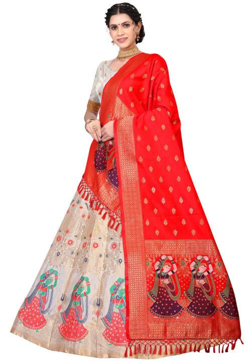 Woven Art Silk Lehenga in Off White
