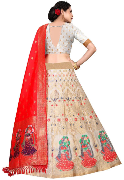 Woven Art Silk Lehenga in Off White