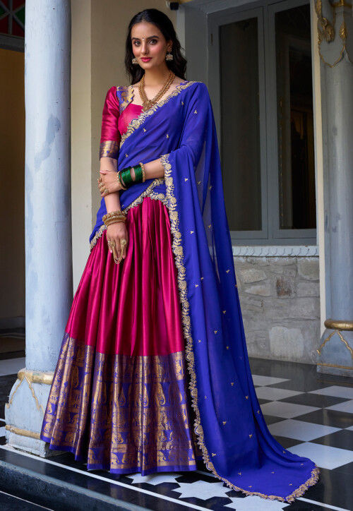 Woven Art Silk Lehenga in Pink