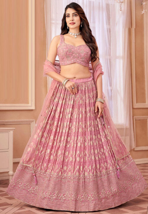 Woven Art Silk Lehenga in Pink