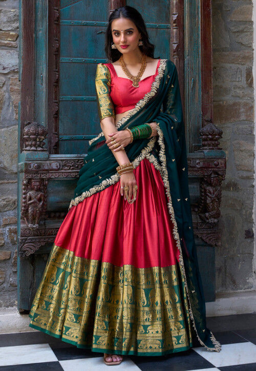 Woven Art Silk Lehenga in Red
