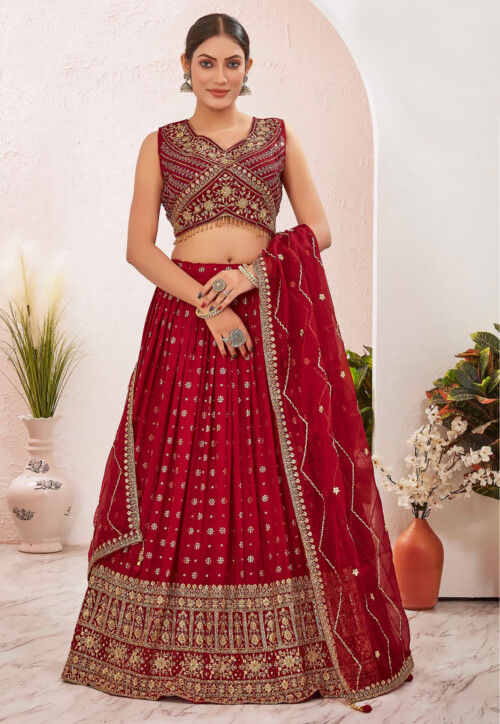 Woven Art Silk Jacquard Lehenga in Red