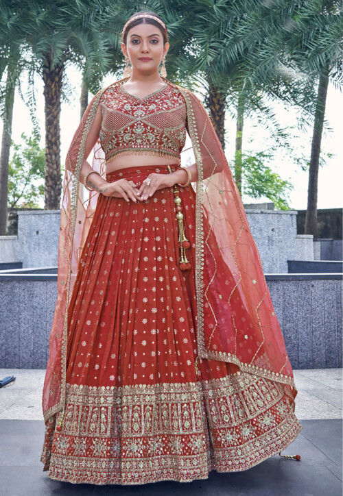 Woven Art Silk Jacquard Lehenga in Rust