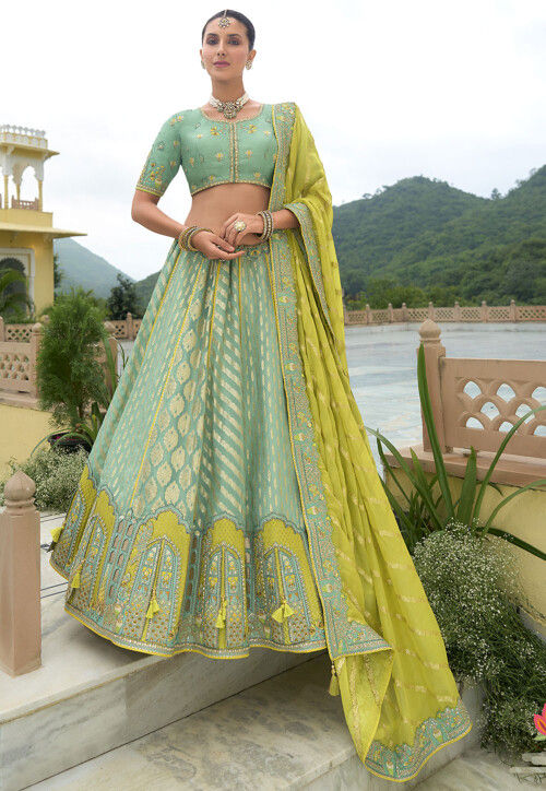 Woven Art Silk Lehenga in Sea Green