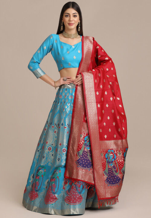 Woven Art Silk Lehenga in Sky Blue