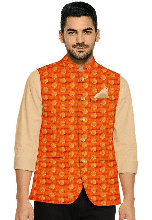 Buy Woven Art Silk Nehru Jacket in Orange Online MTE1277 Utsav