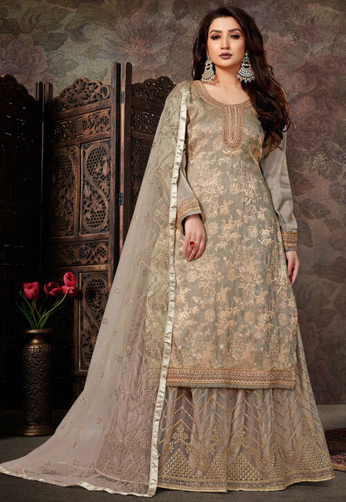 Woven Art Silk Pakistani Suit in Light Grey : KCH8793
