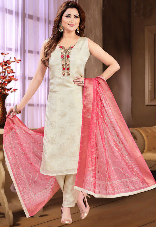 Woven Art Silk Pakistani Suit in Cream