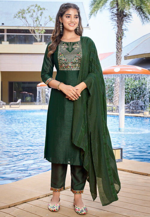 Woven Art Silk Pakistani Suit in Dark Green