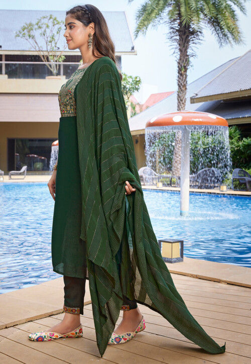 Woven Art Silk Pakistani Suit in Dark Green