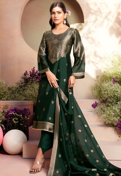 Woven Art Silk Pakistani Suit in Dark Green