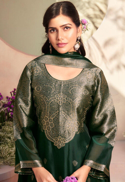 Woven Art Silk Pakistani Suit in Dark Green