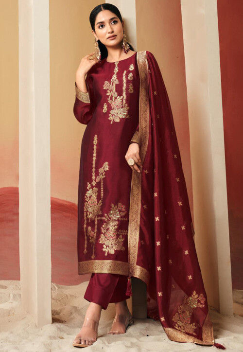 Woven Art Silk Pakistani Suit in Maroon