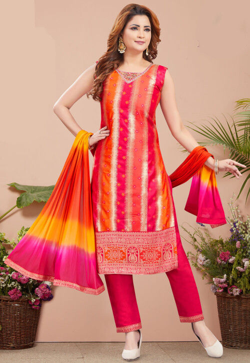 Woven Art Silk Pakistani Suit in Multicolor