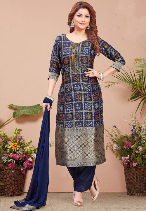 Woven Art Silk Pakistani Suit in Navy Blue