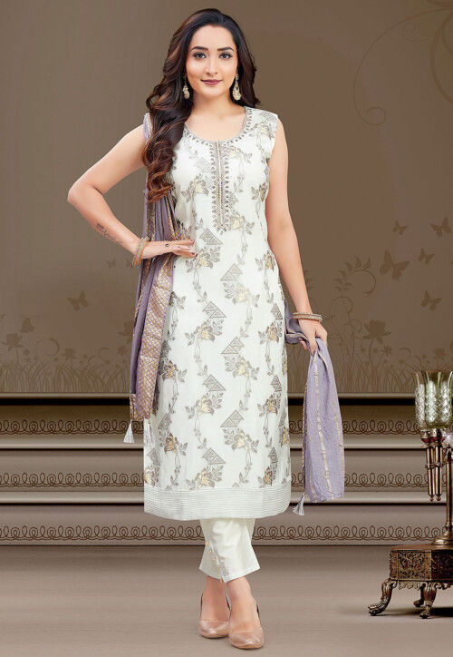 Woven Art Silk Pakistani Suit in Off White