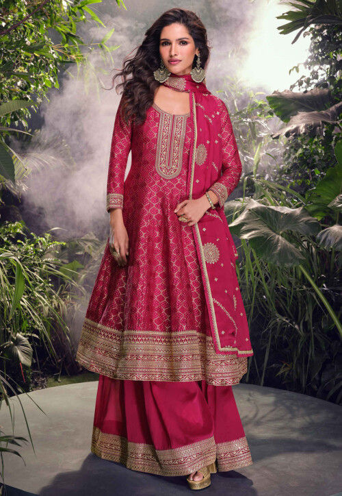 Woven Art Silk Pakistani Suit in Pink