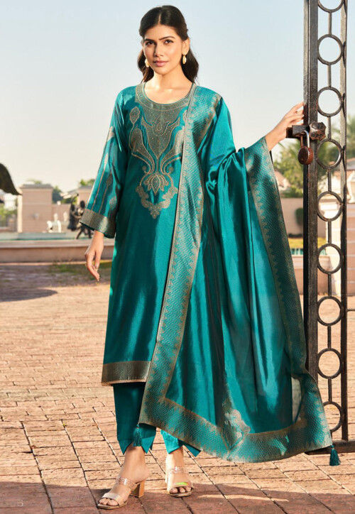 Woven Art Silk Pakistani Suit in Teal Blue