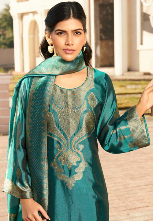 Woven Art Silk Pakistani Suit in Teal Blue
