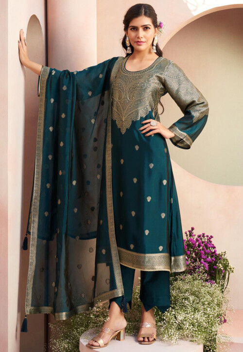 Woven Art Silk Pakistani Suit in Teal Blue