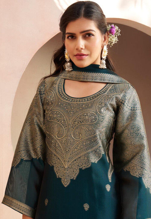 Woven Art Silk Pakistani Suit in Teal Blue