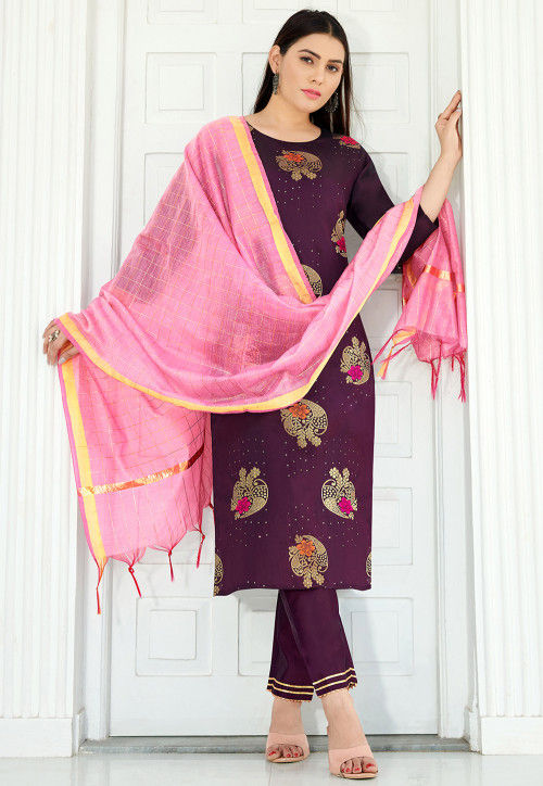 Buy Woven Art Silk Pakistani Suit in Wine Online : KJC1347 - Utsav Fashion