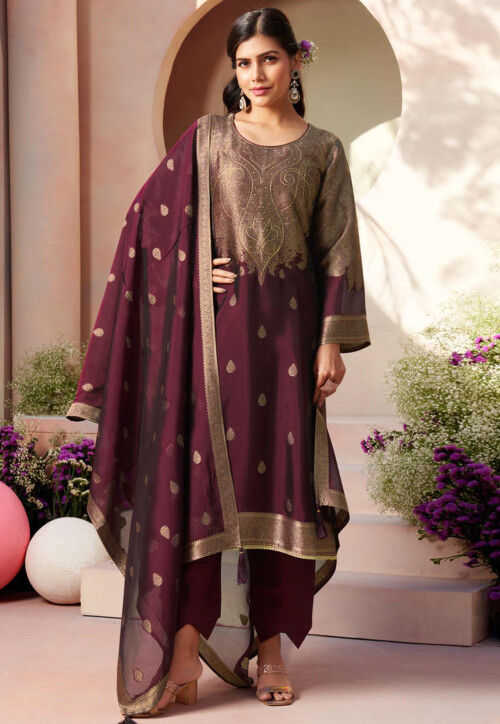 Woven Art Silk Pakistani Suit in Wine