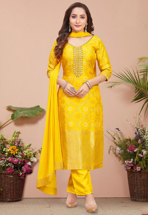 Woven Art Silk Pakistani Suit in Yellow