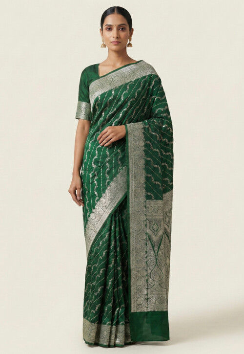 Woven Art Silk Saree from Banaras in Dark Green