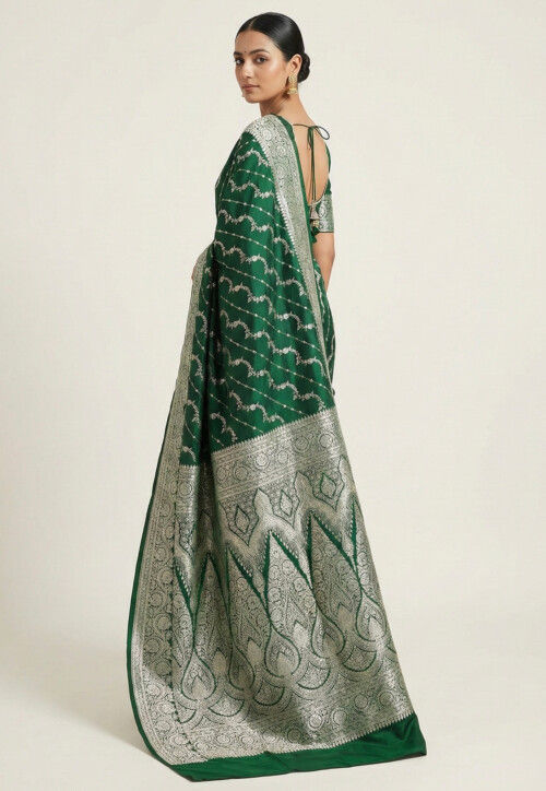 Woven Art Silk Saree from Banaras in Dark Green
