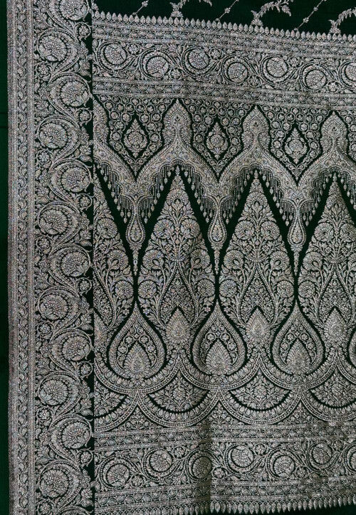 Woven Art Silk Saree from Banaras in Dark Green