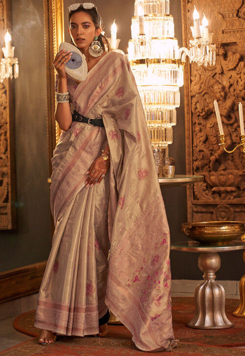 Woven Pashmina Silk Saree in Baby Pink : SPF9205