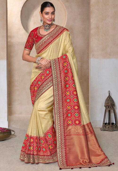 Woven Art Silk Saree in Beige and Red