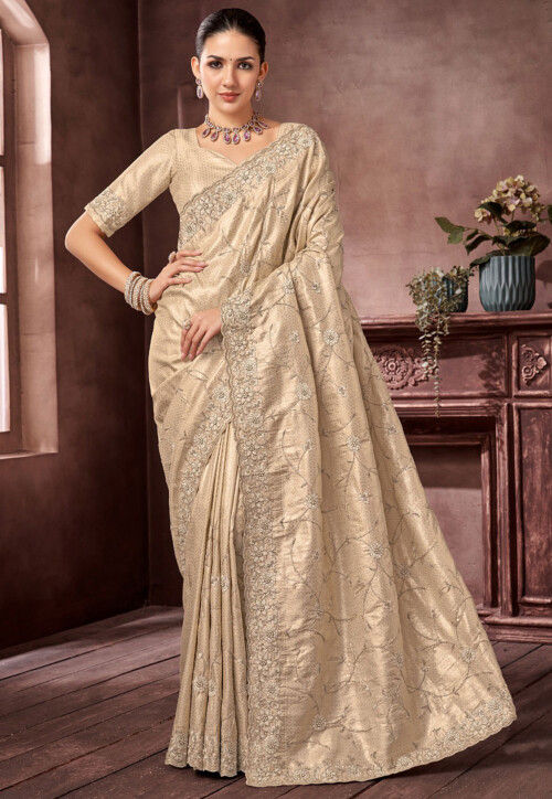 Woven Art Silk Jacquard Saree in Beige