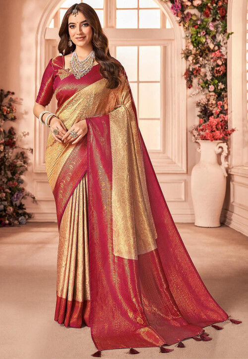 Beige Color Gorgeous Zari Woven With Fancy Tassels & Soft Silk Banarasi  Saree |Baby Shower Wear | Banarasi sarees, Brown silk, Silk cotton sarees