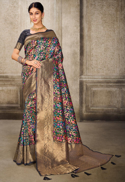 Embroidered, Woven, Floral Print Banarasi Silk Blend Saree (Black