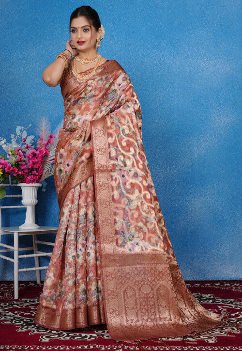 Woven Art Silk Saree in Brown