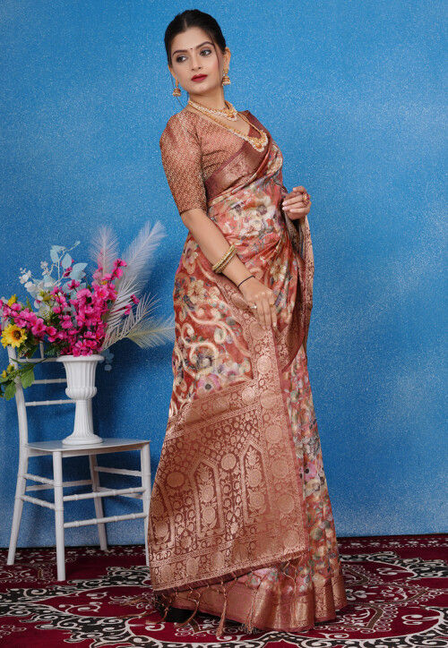 Woven Art Silk Saree in Brown
