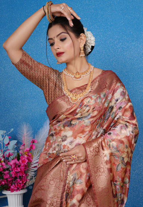 Woven Art Silk Saree in Brown