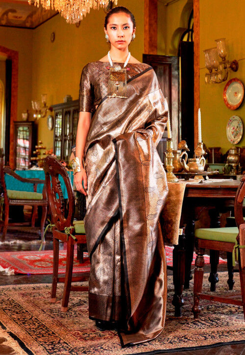 Woven Art Silk Saree in Brown