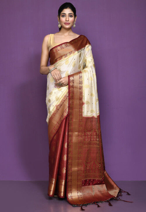 Buy Woven Art Silk Saree in Cream and Maroon Online Seh4660 Utsav Fashion